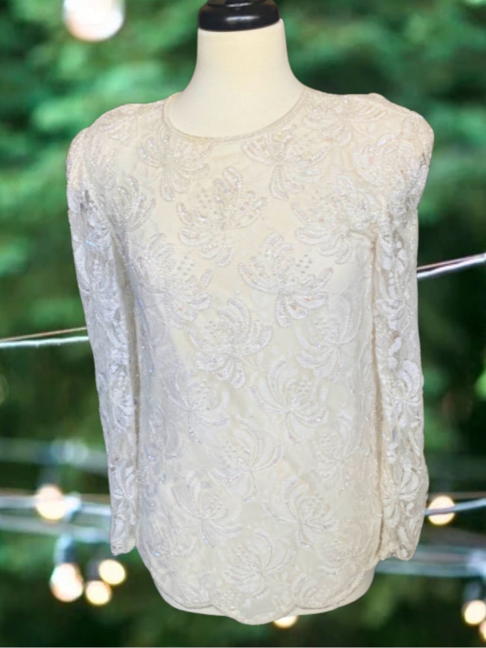 Vintage Scala White Beaded Rayon Wedding Classic Party Blouse Womens Size Small